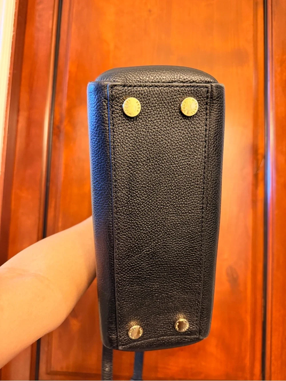 Michael Kors Black Leather Pebbled Satchel with Gold MK Charm